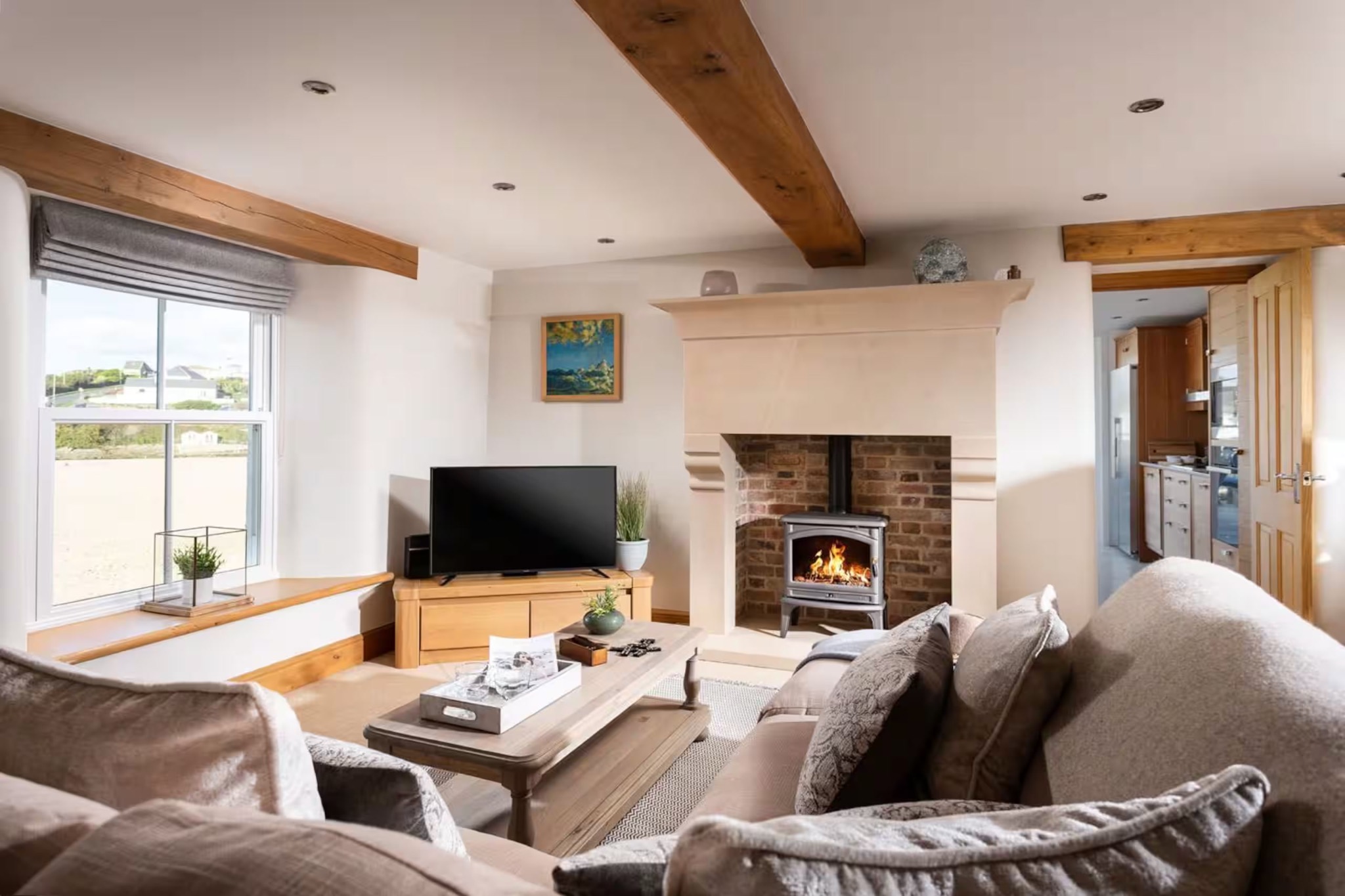 Living room with wood burning fireplace